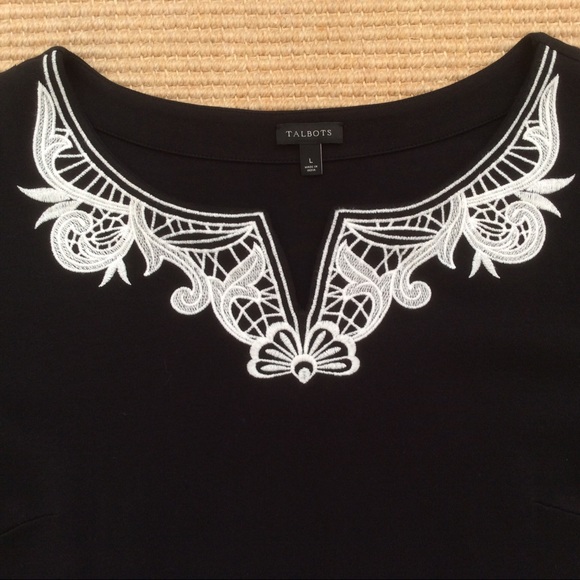 Talbots Black Dress White Embroidered Neckline - L - Picture 5 of 12
